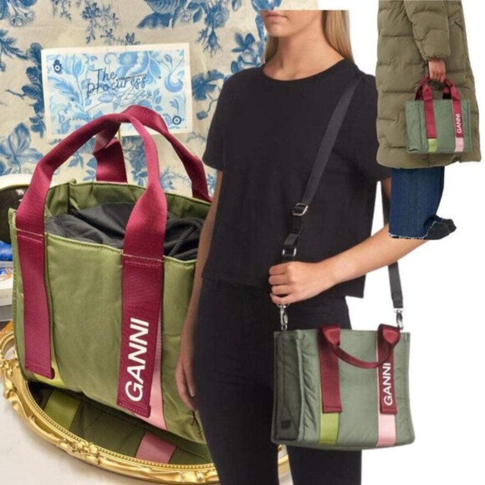 🆕 GANNI 🧿 NWT Small Recycled Tech Tote Bag Crossbody, Kalamata & Burgundy Pink